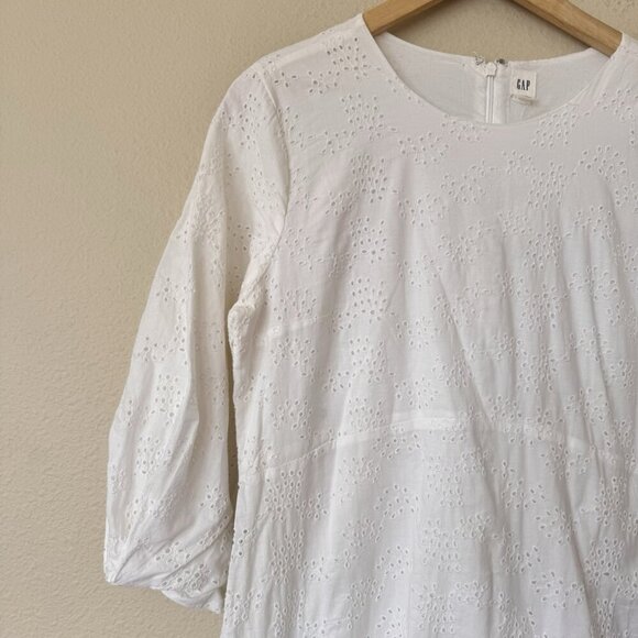 GAP WHITE A LINE BALLOON SLEEVE EYELET DRESS NWT SIZE 10 Hidden Back Zipper - Picture 3 of 10